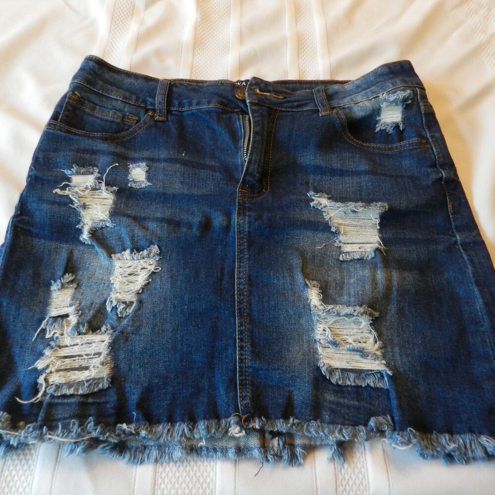 Wax Jean medium dark denim zip & button fly 5-pocket style distressed skirt